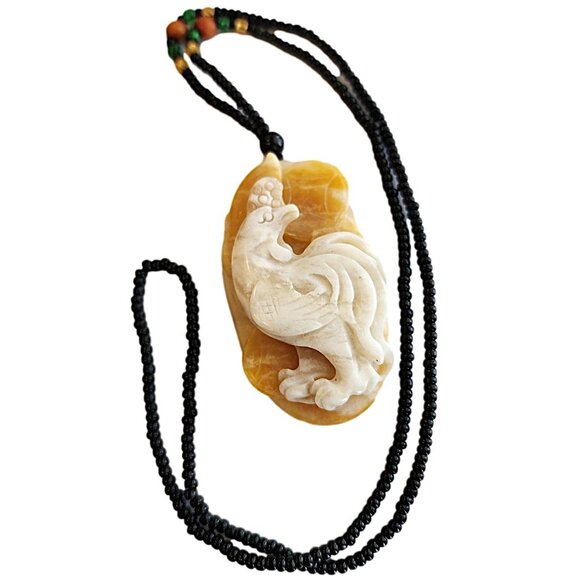 Fortune Rooster Medallion Pendant Made from Natural Jade. Hand-crafted Necklace - Picture 1 of 4